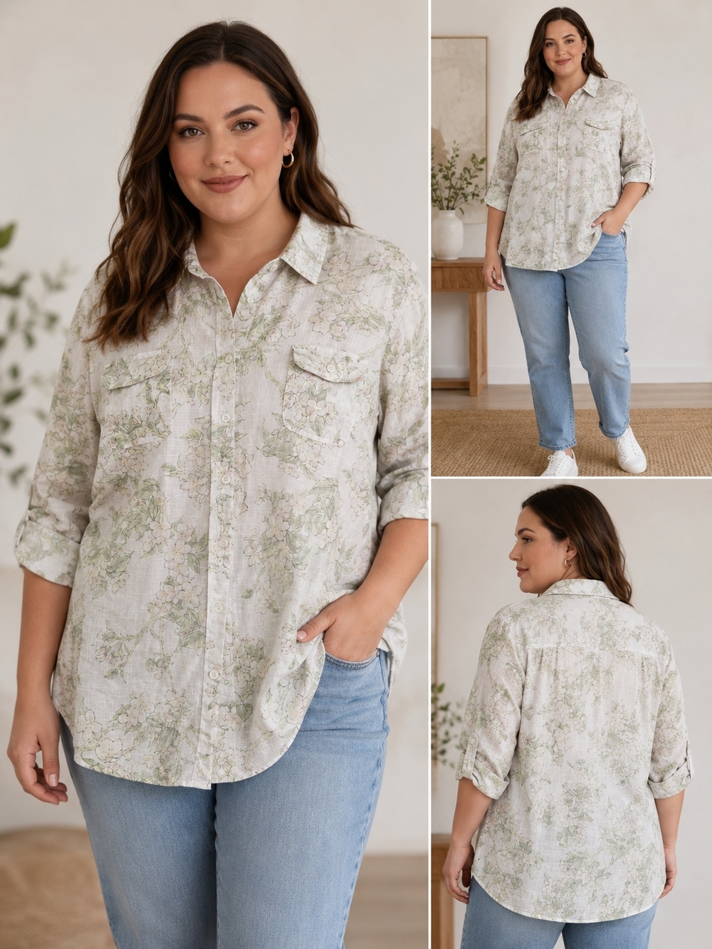 croft & barrow Pale Green and Cream Floral Button-Down Shirt